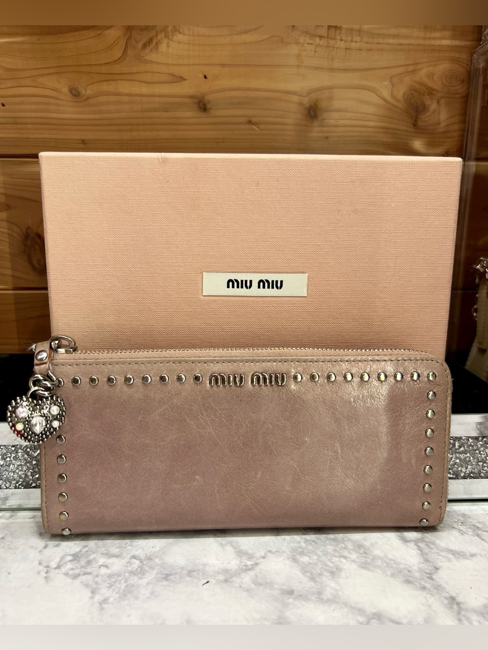 Miu Miu Pink Studded Leather Zip Wallet with Heart Charm